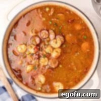 Square image of overhead photo of Southern Shrimp Gumbo in dutch oven