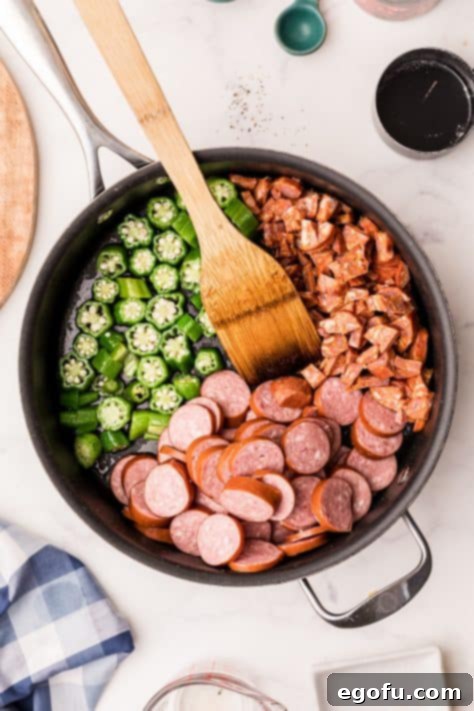 Sausage added to pain with okra