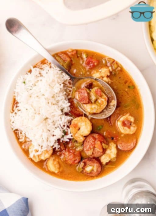 Overhead of bowl of Southern Shrimp Gumbo with rice