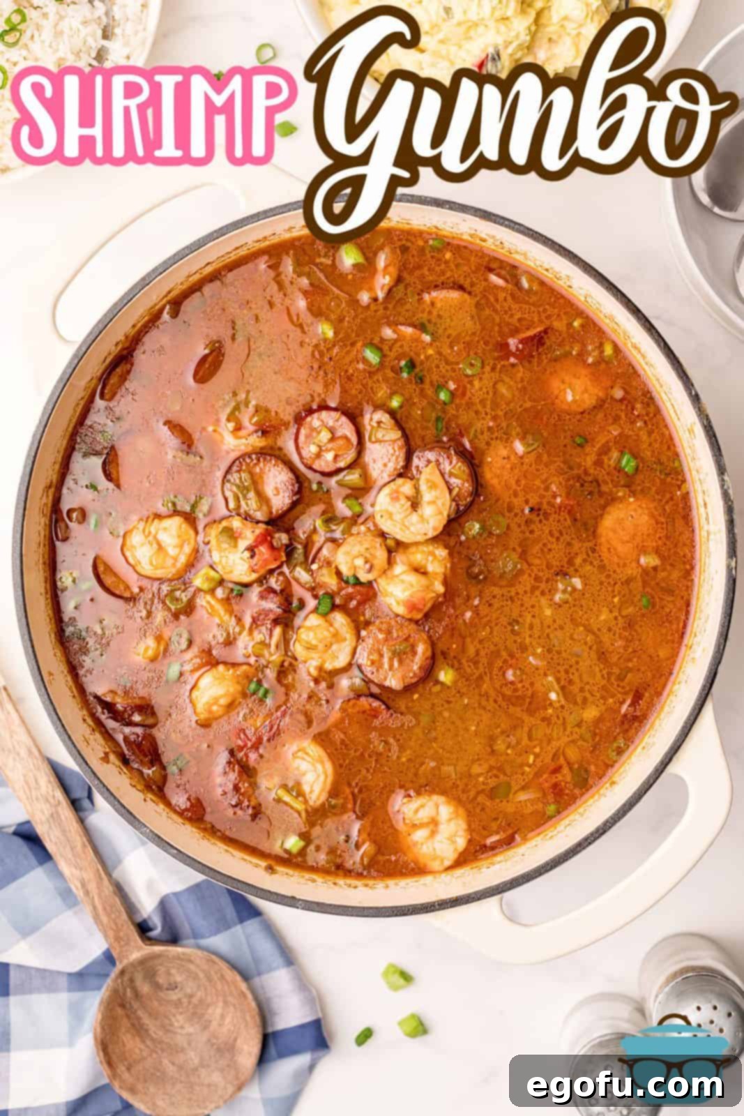 Overhead shot of a delicious, steaming Southern Shrimp Gumbo in a Dutch oven, ready to be served.