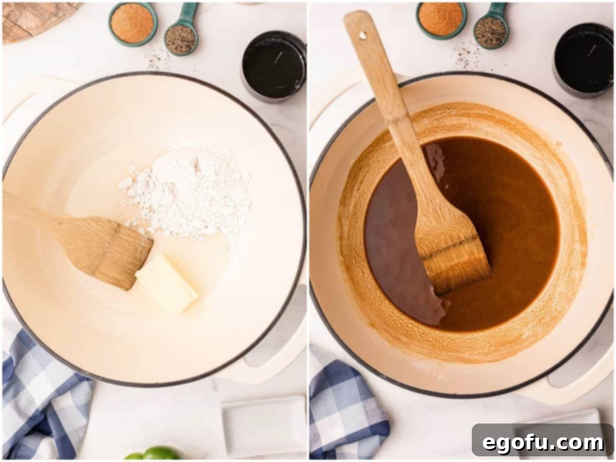 Two images side-by-side: butter and flour beginning to combine in a Dutch oven, and then the mixture transformed into a dark, rich chocolate-colored roux.