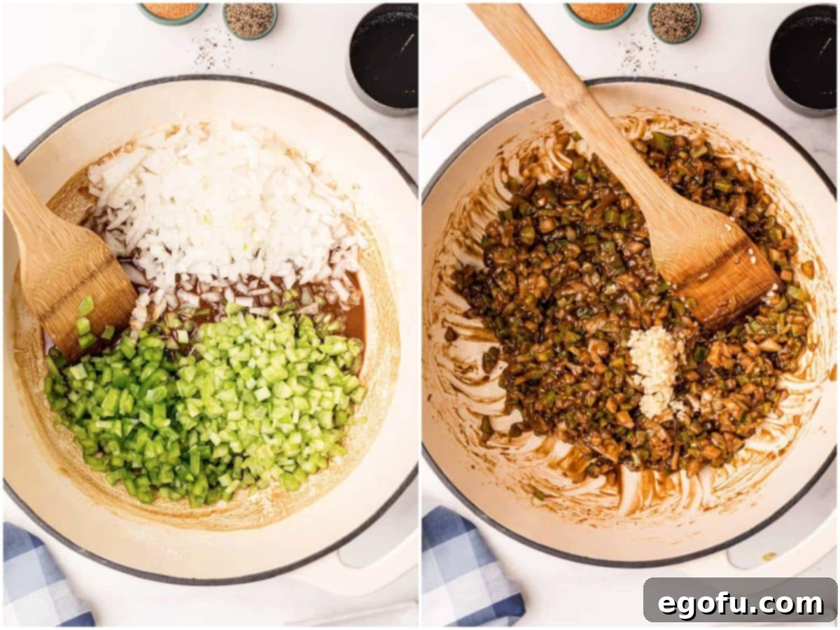 Two images showing the process: first, diced onion, bell pepper, and celery added to the dark roux; second, minced garlic being stirred into the softened vegetables.
