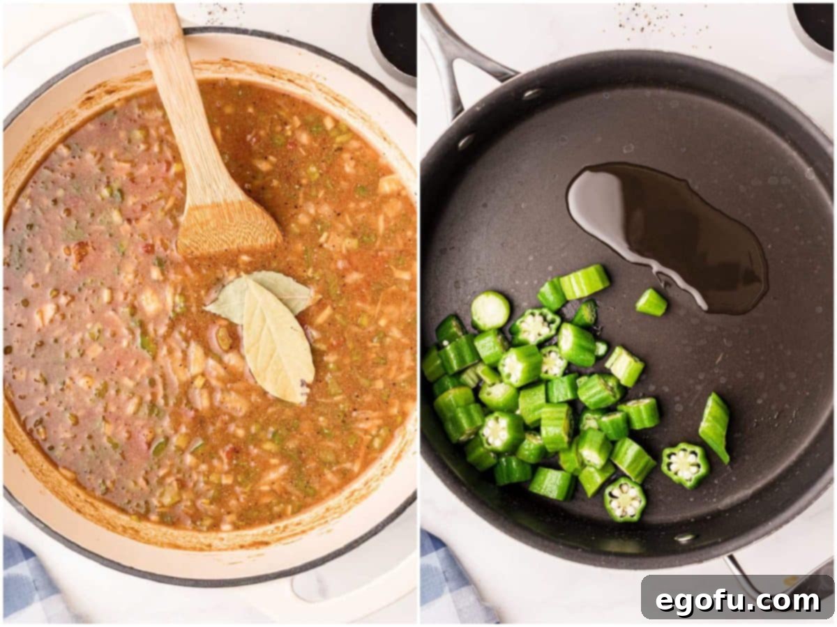 Two process photos: the first shows canned tomatoes, seafood stock, bay leaves, and seasoning added to the roux and vegetables; the second shows sliced fresh okra being added to a skillet with hot oil.
