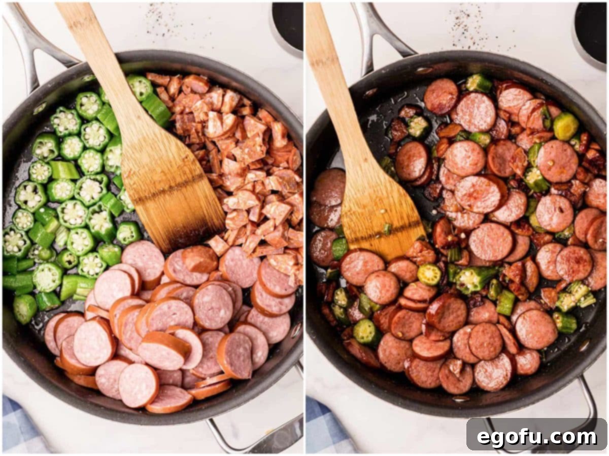Two images depicting the sautéing process: sliced sausage is added to a skillet with okra, followed by the sausage cooking and browning to a rich color.