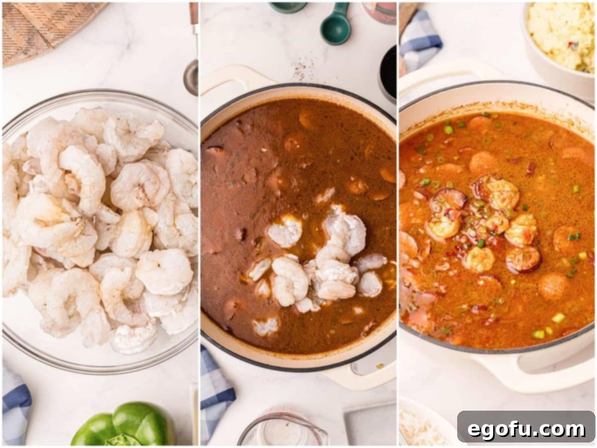 Three sequential photos: shrimp in a bowl with shrimp and crab boil, shrimp being added to the simmering gumbo in a Dutch oven, and finally, the cooked shrimp perfectly incorporated into the rich gumbo.