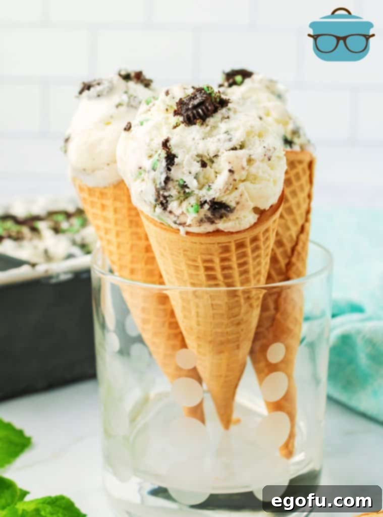 Three cones filled with No-Churn Mint Ice Cream in glass