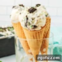 Square image of three ice cream cones with Mint Ice Cream in glass