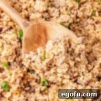 Square close-up image of a spoon in a bowl of Dirty Rice, highlighting its texture and rich color.