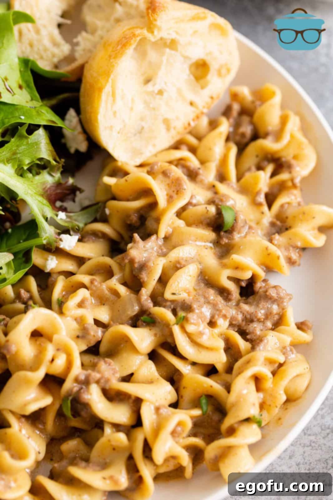 Instant Pot Creamy Beef and Noodle Stroganoff 2 hamburger helper stroganoff serving on a white plate with a slice of French Bread.