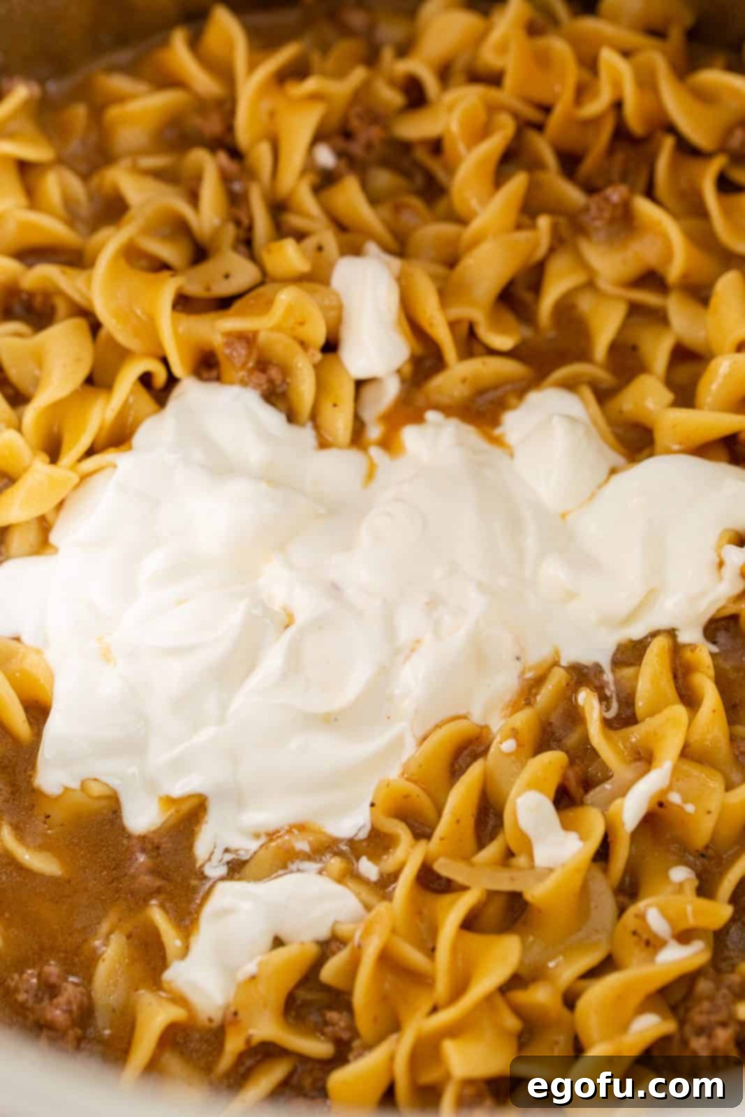 Instant Pot Creamy Beef and Noodle Stroganoff 9 Sour cream added to finished cooked noodles and beef.