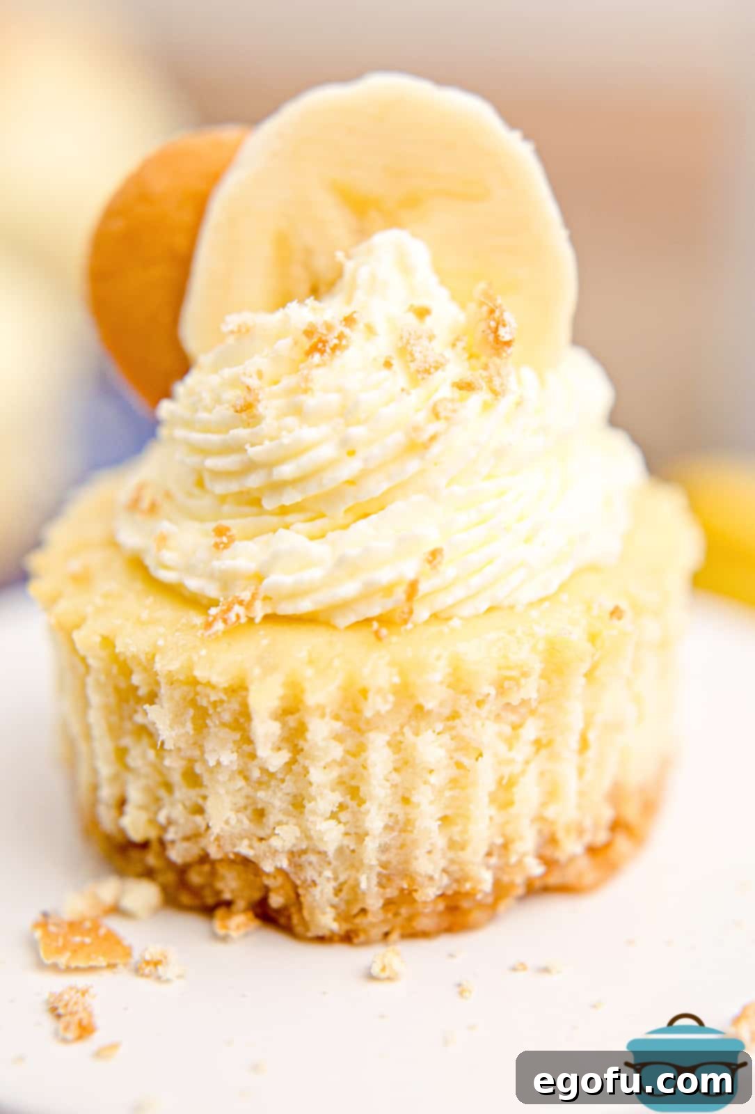 Close up photo of a finished and decorated Mini Banana Pudding Cheesecake on a white stand, highlighting its deliciousness.