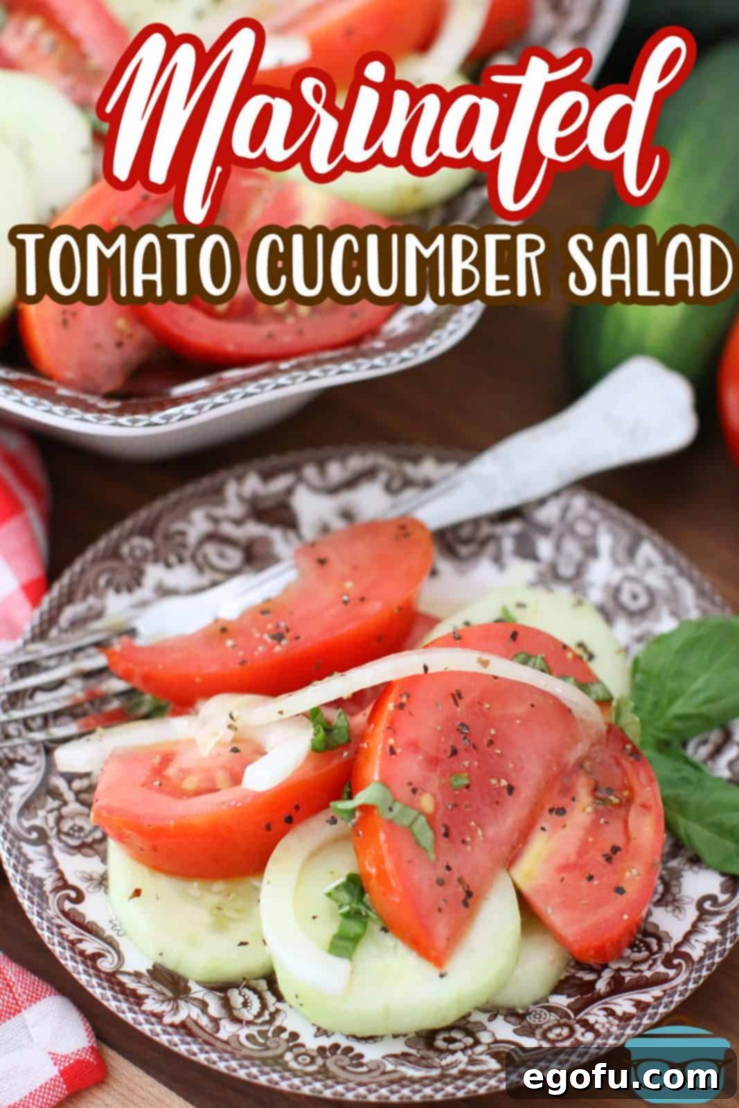 Marinated Tomato Cucumber Salad recipe from The Country Cook - a serving of the salad shown on a brown and white Spode plate with a fork set off to the side, highlighting its rustic charm.