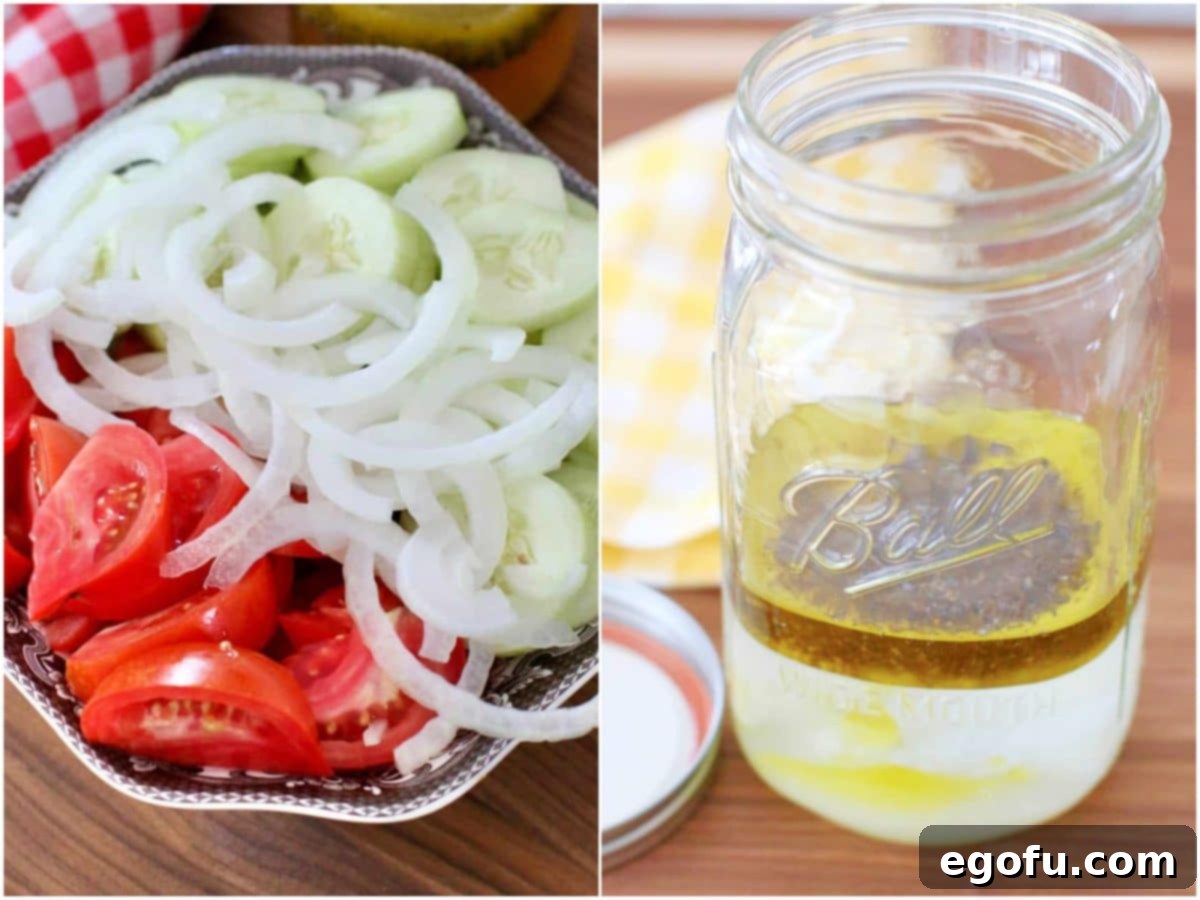 Collage of two photos: sliced tomatoes, cucumbers, and onions in a bowl ready for the marinade, and the marinade ingredients in a mason jar.