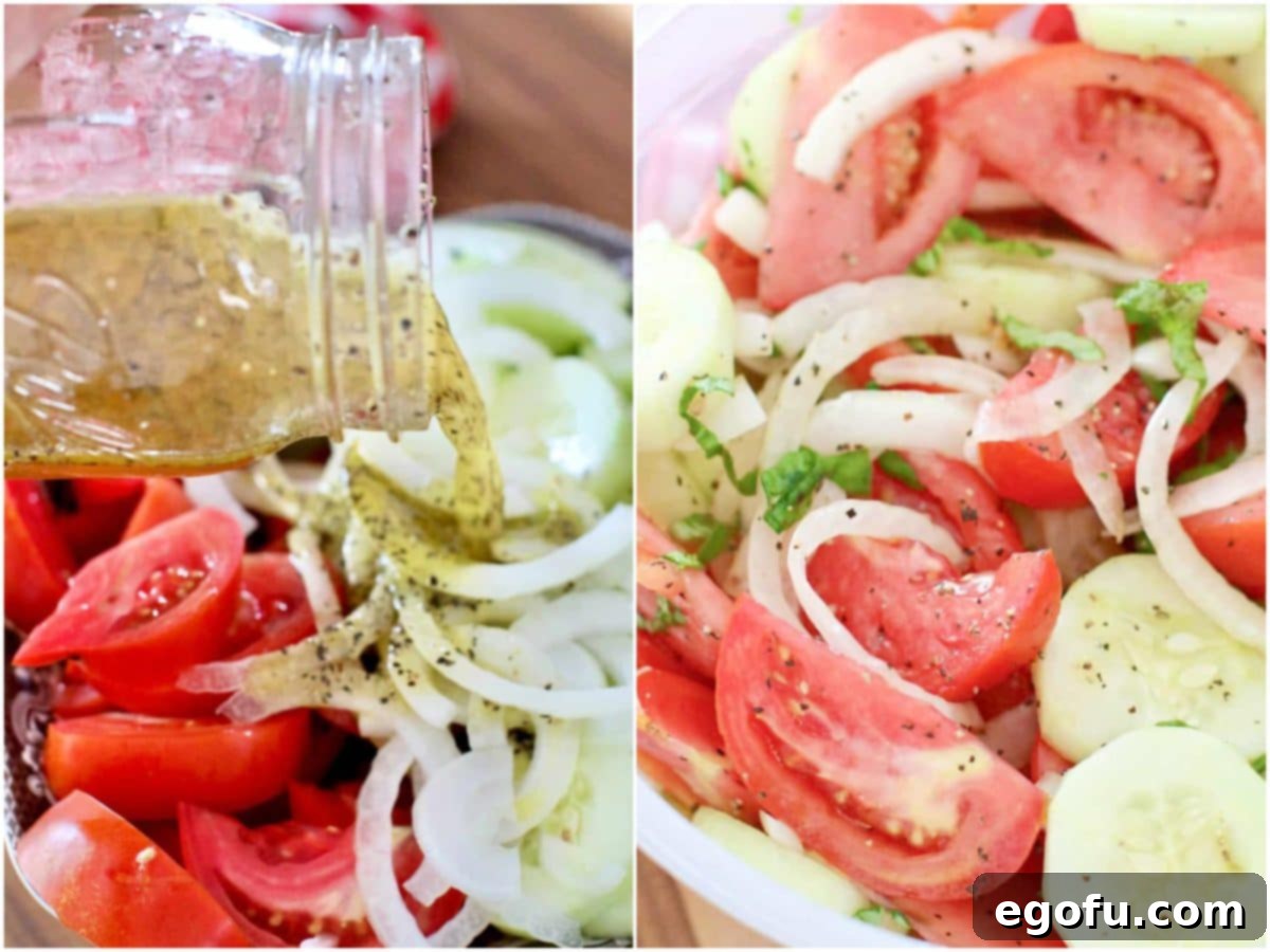 Collage of two photos: pouring marinade over fresh tomatoes, onions, and cucumbers, and all the ingredients mixed together in a large white plastic bowl.