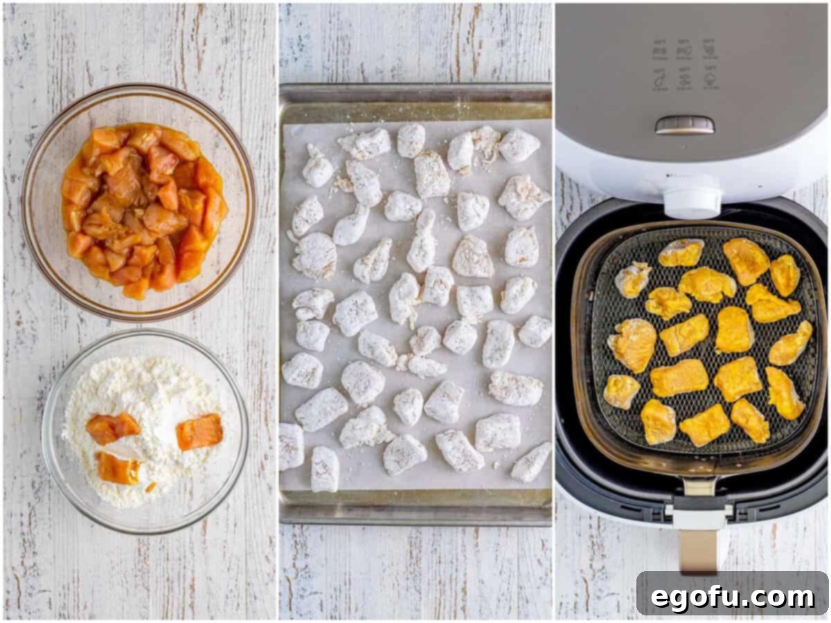 Golden Air Fryer Orange Chicken Delight 5 collage of three photos: marinated chicken shown being coated in cornstarch in a bowl, fully coated chicken pieces on a baking tray and chicken pieces shown in a basket air fryer and sprayed with nonstick cooking spray.