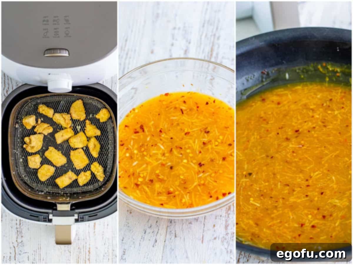 Golden Air Fryer Orange Chicken Delight 6 collage of three photos: cooked chicken pieces in the air fryer, orange juice, brown sugar, chili flakes, ginger, garlic, soy sauce, and rice vinegar in a clear bowl and oranger sauce shown in a pan.