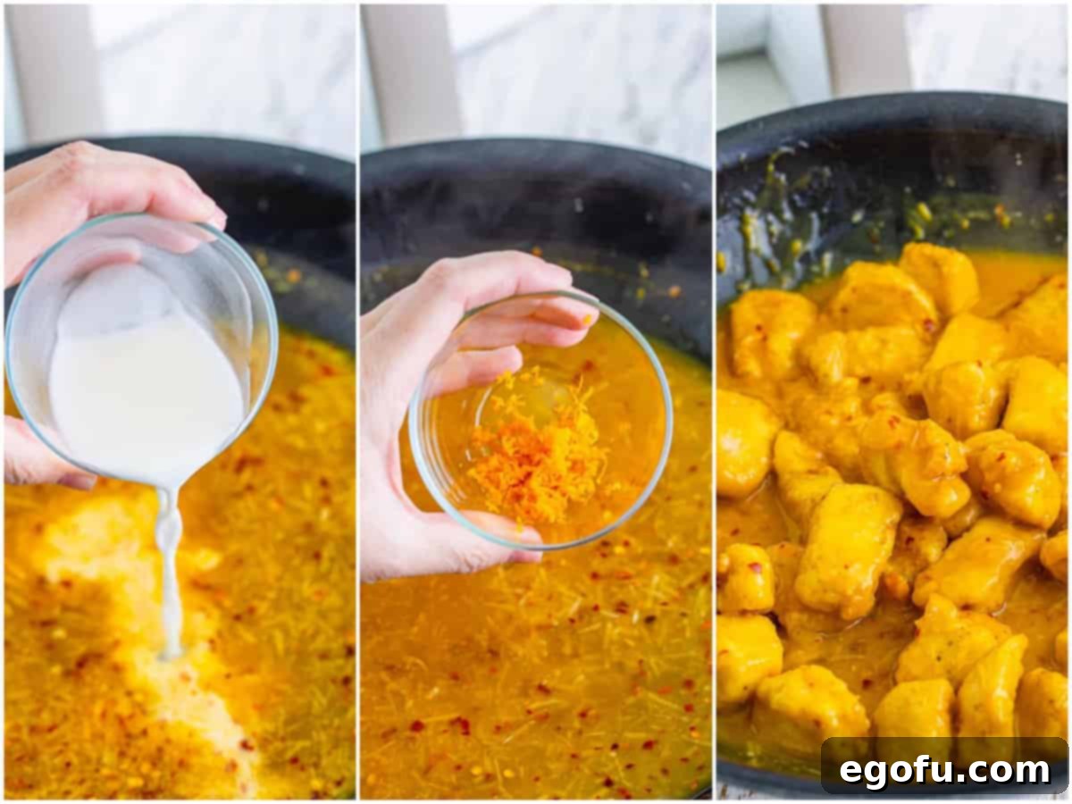 Golden Air Fryer Orange Chicken Delight 7 collage of three photos: cornstarch slurry shown being poured into orange sauce in a pan, orange zest being added to sauce in a pan, air fried chicken added to the sauce in the skillet.
