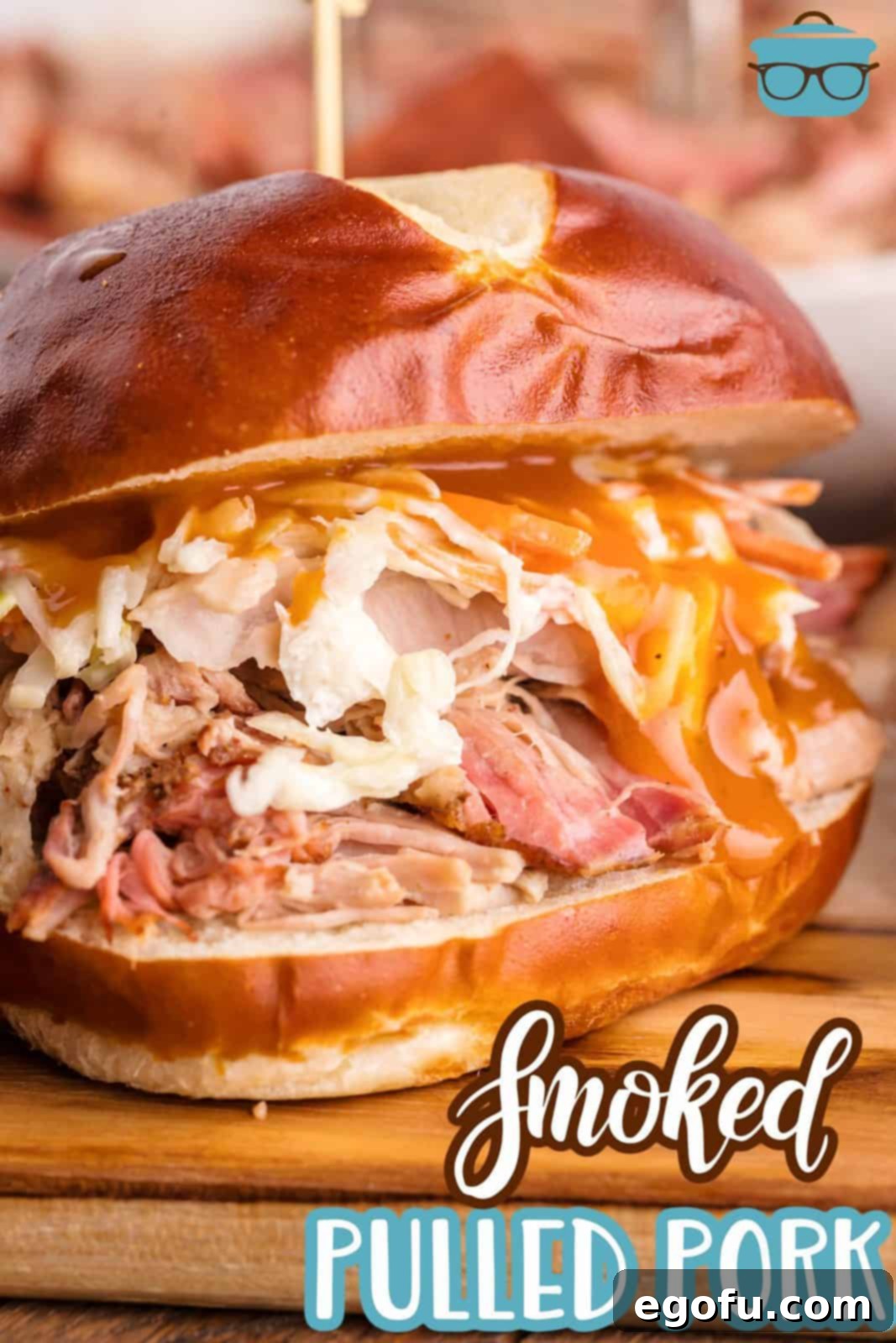 Close up of Smoke Pulled Pork sandwich Pinterest image.