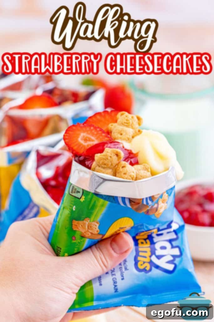 The Wandering Strawberry Cheesecake 3 Pinterest image of hand holding a bag of Walking Cheesecakes