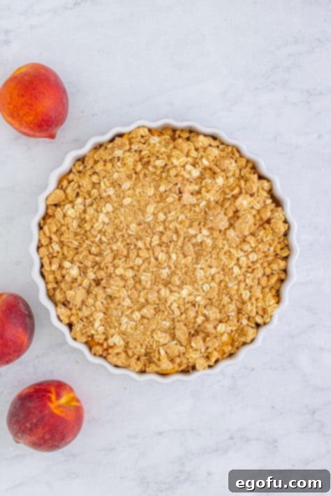 Golden Peach Crumble 18 Topping added on top of peaches in baking dish.