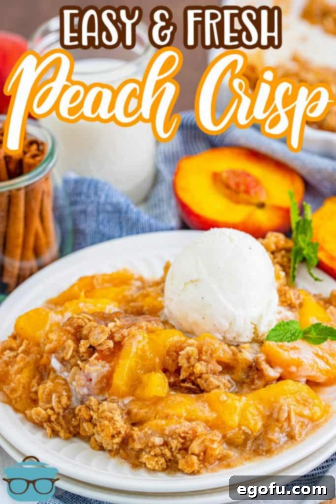 Golden Peach Crumble 4 Pinterest image of Peach Crisp on plate with ice cream and mint.