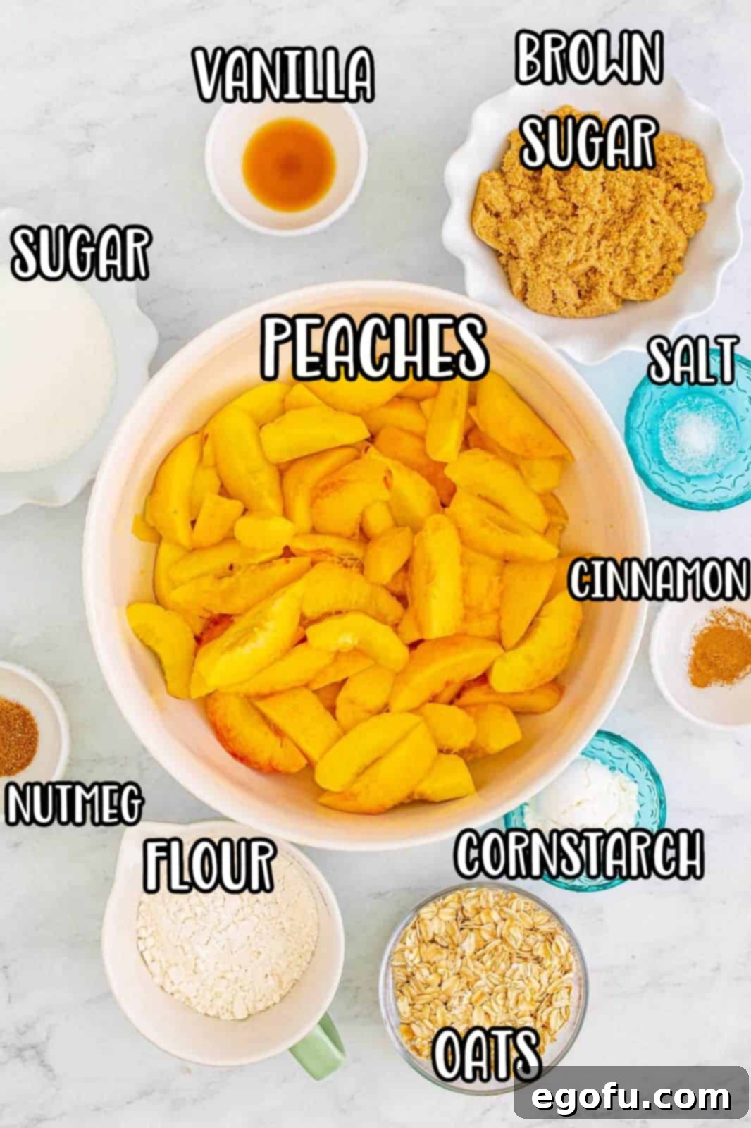 Golden Peach Crumble 5 Ingredients needed: peaches, granulated sugar, cornstarch, vanilla extract, ground cinnamon, fine sea salt, light brown sugar, all-purpose flour, old fashioned rolled oats, ground nutmeg and unsalted butter.