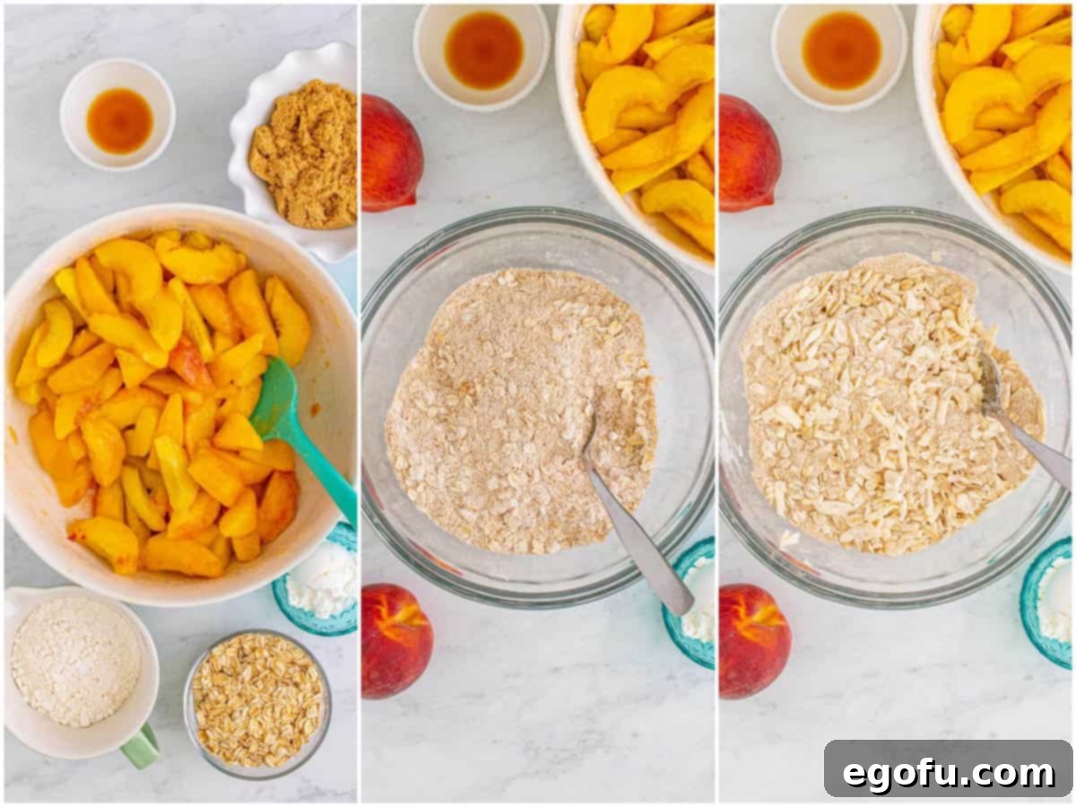 Golden Peach Crumble 6 collage of three photos: peaches and sugar mixed together in large white bowl; brown sugar, flour, oats, cinnamon, nutmeg, and salt mixed together in bowl; shredded butter added to oat mixture in the bowl.