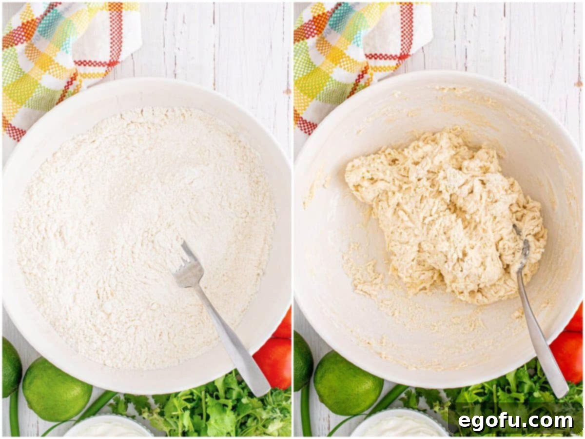 A collage of two photos: the first shows flour, salt, and baking powder in a bowl with a fork; the second shows warm water being added to the flour mixture in the bowl, creating a shaggy dough.