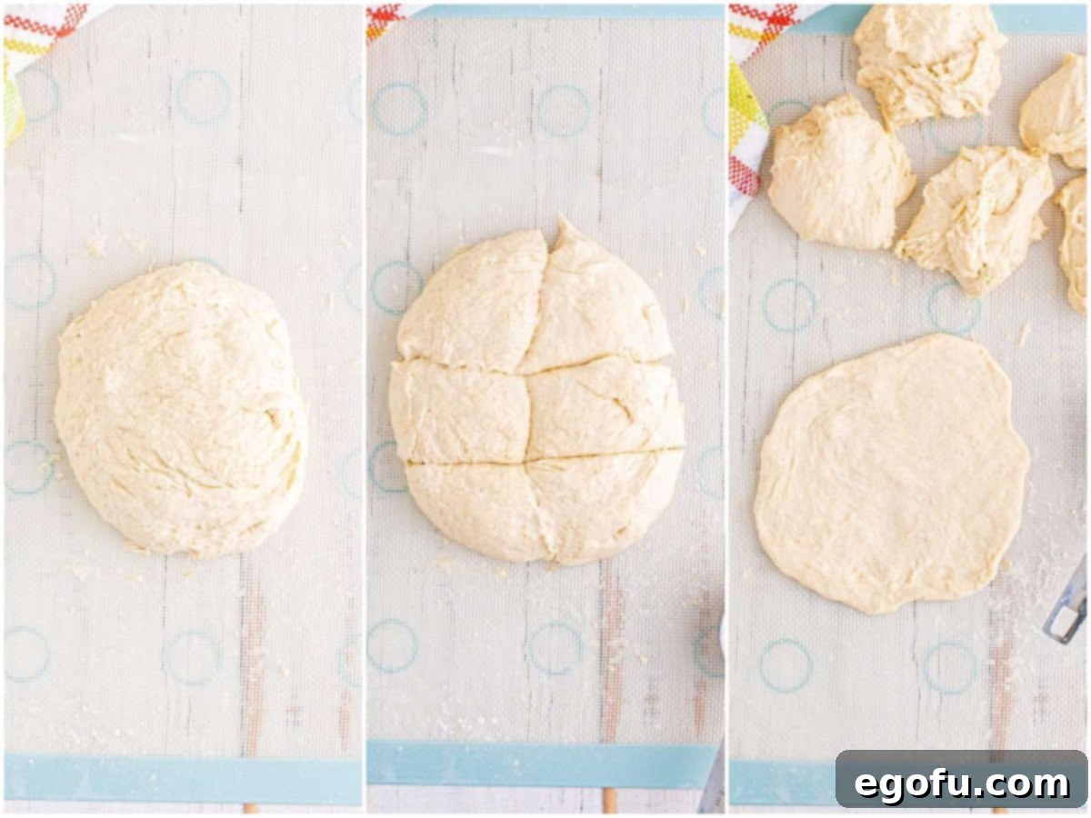 A collage of three photos: the first shows fry bread dough on a counter; the second shows the dough cut into 6 even sections; the third shows a rolled out piece of dough, ready for frying.
