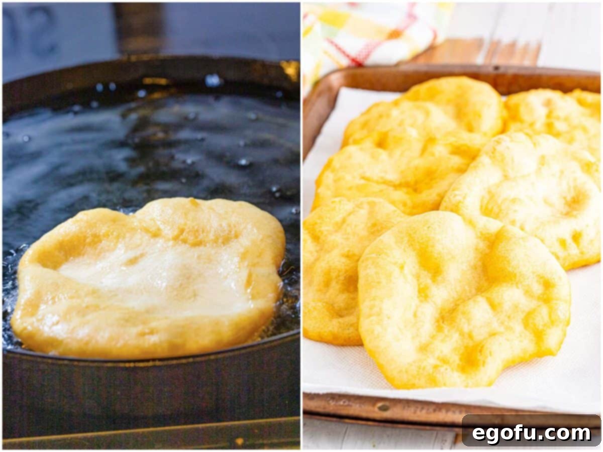 A collage of two photos: the first shows a piece of fry bread being fried in hot oil, puffing up; the second shows all six pieces of golden-brown fry bread cooling on a paper-towel-lined sheet tray.