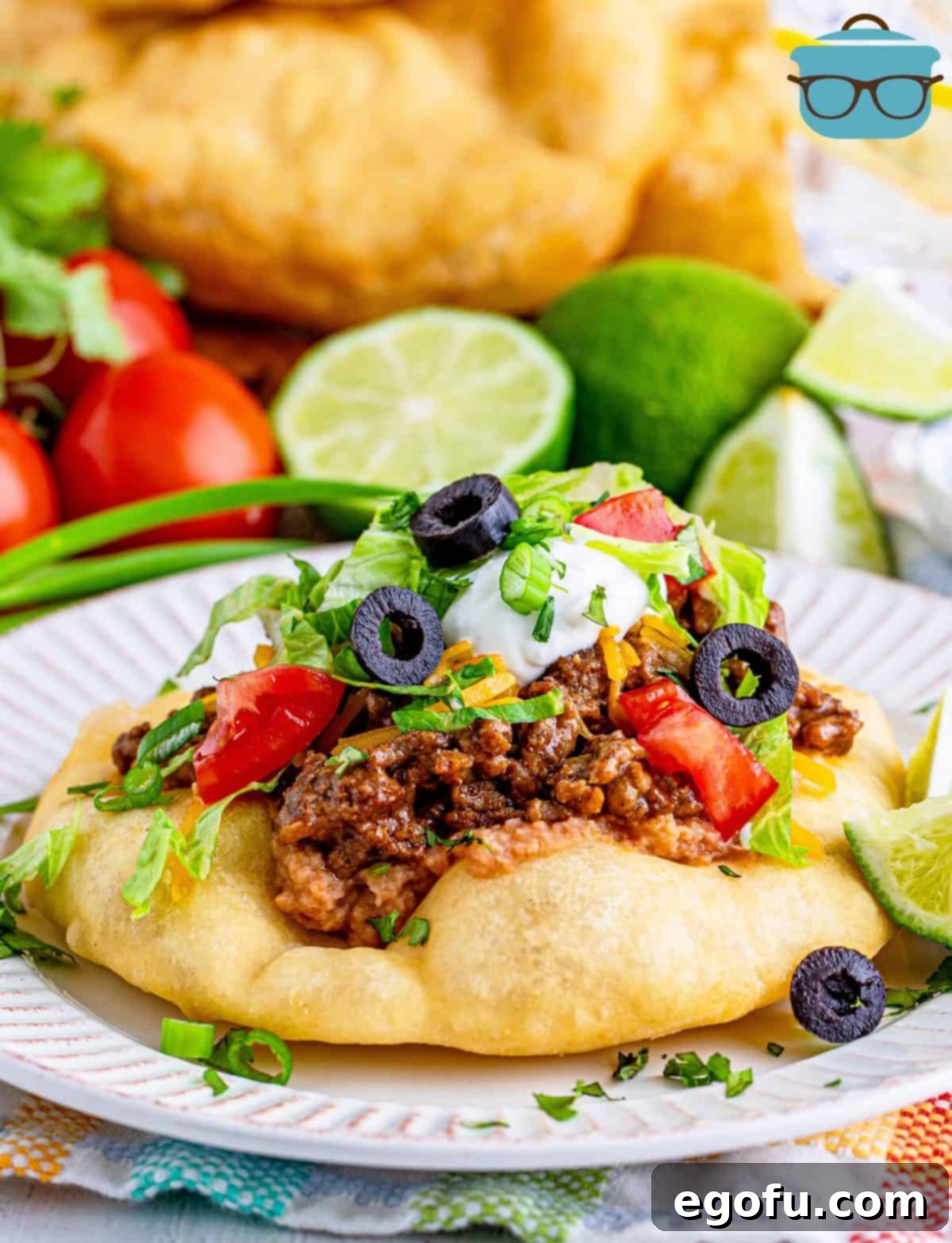 A beautifully arranged Navajo Taco on a white plate, showcasing abundant taco toppings, with a blurred background of fresh ingredients.