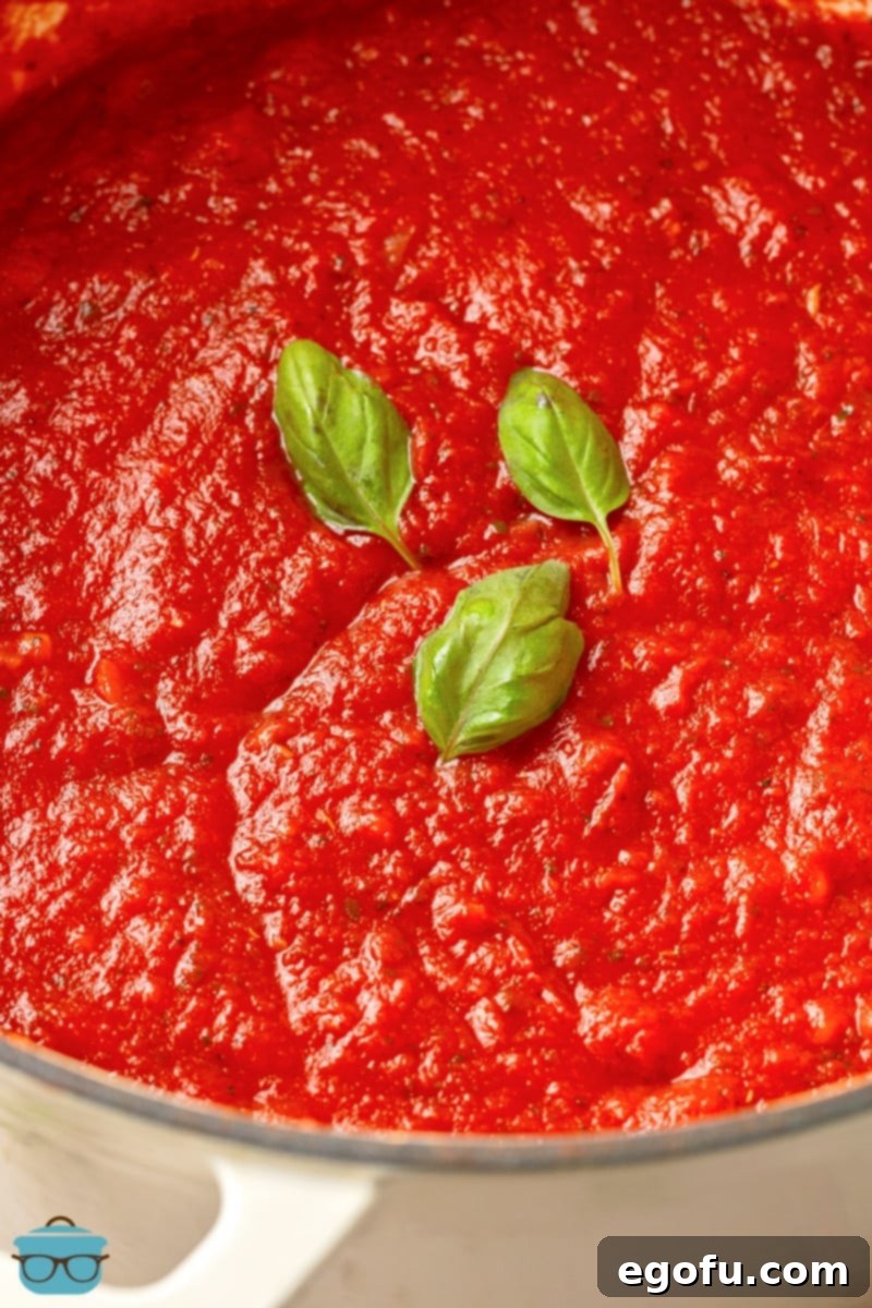 Looking down on a pot of Homemade Marinara sauce with a few basil leaves on top/