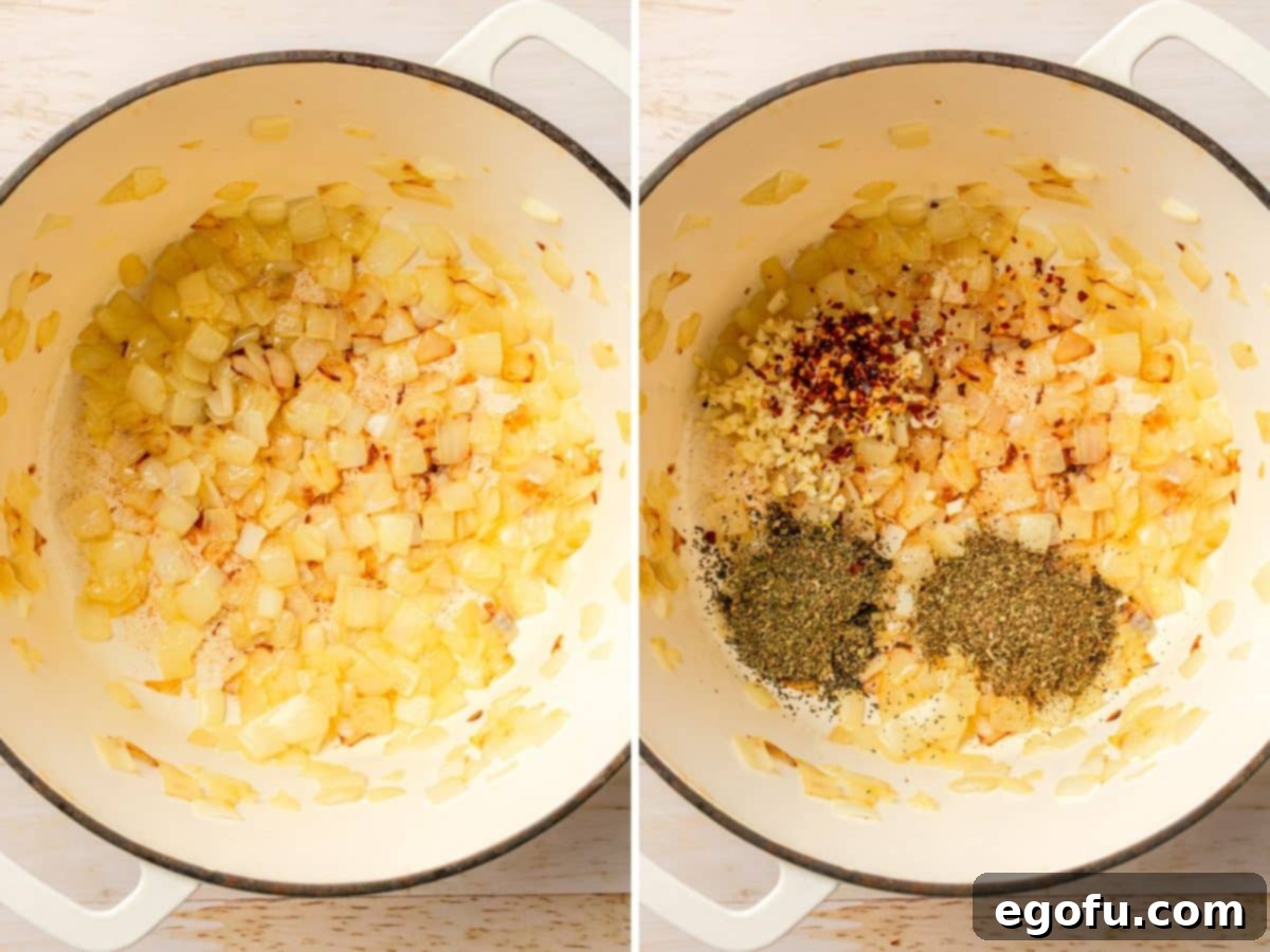 A pot with onions and herbs sautéing together.
