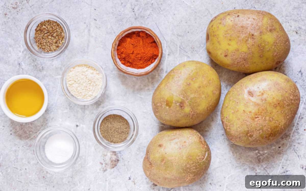 Ingredients needed: russet potatoes, olive oil, garlic powder, smoked paprika, oregano, salt and black pepper. 