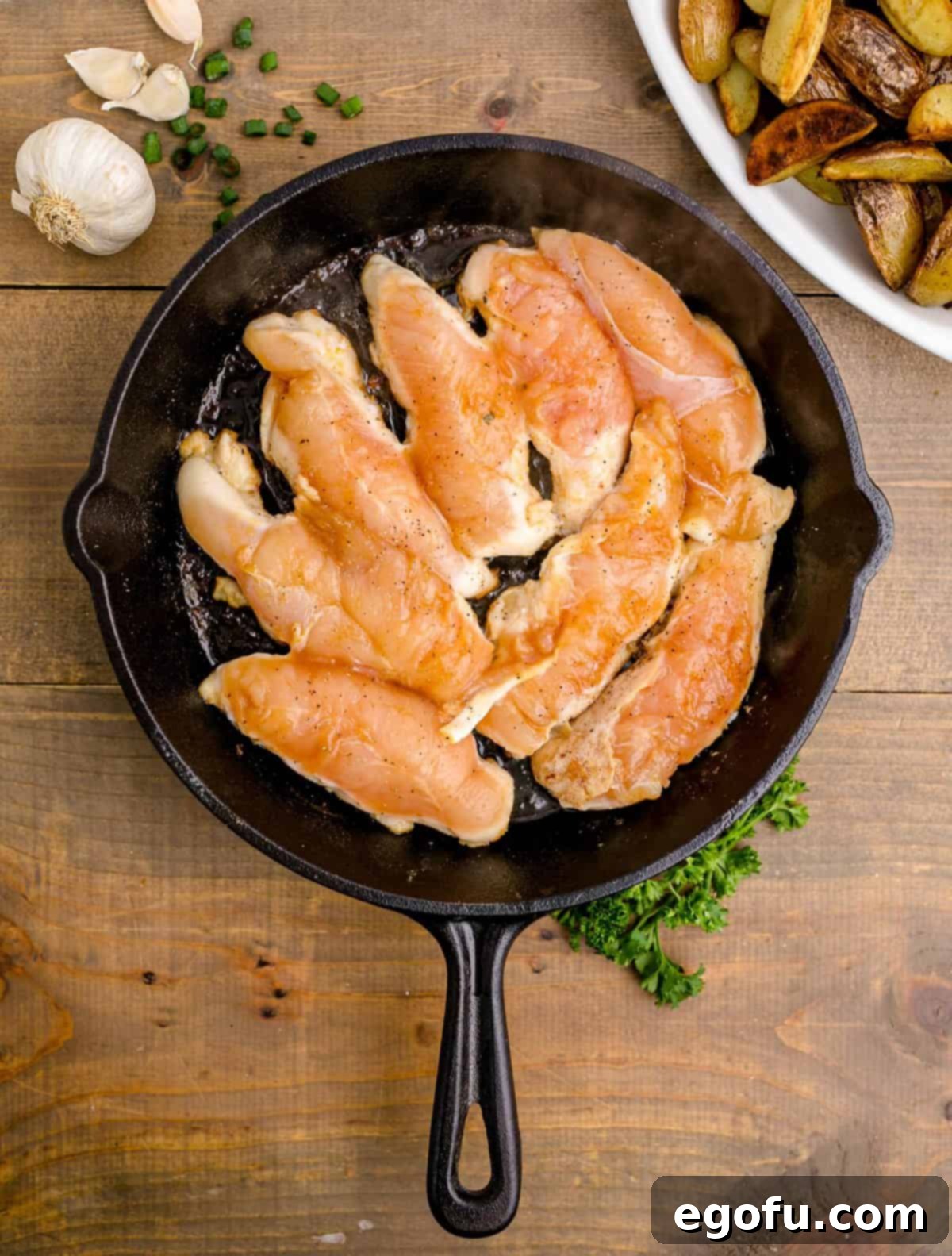 Golden Garlic Butter Chicken and Crispy Potatoes 11 Marinated chicken strips carefully placed into the hot cast-iron skillet, ready to sear.