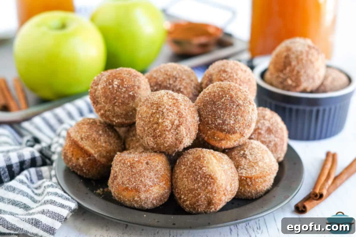Apple Cider Donut Holes stacked on black plate with apples behind plate.