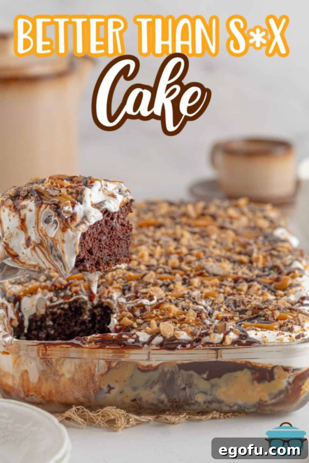 Pure Ecstasy Dessert 3 Pinterest image with cake server holding up slice of cake.