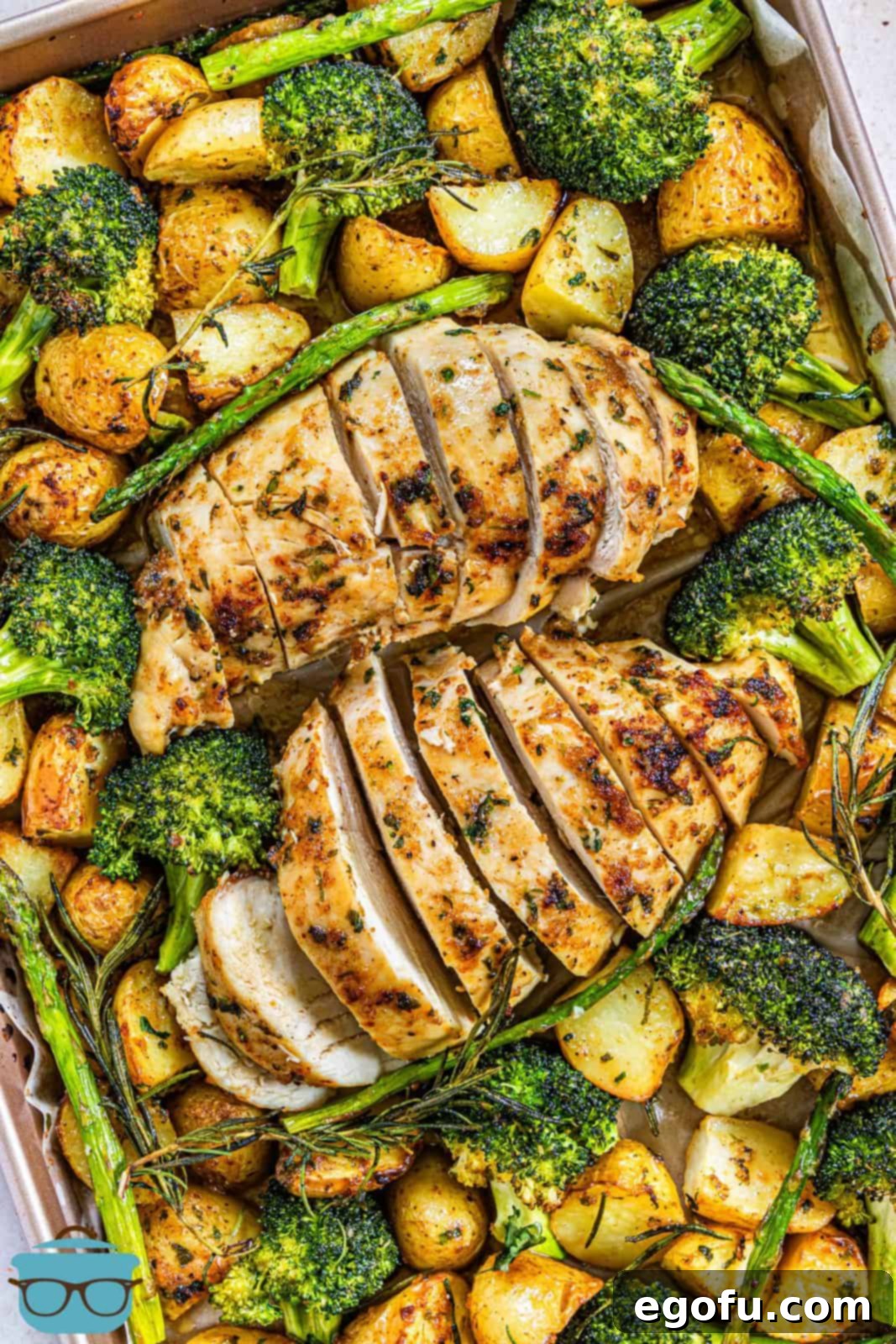 Garlic Butter Sheet Pan Chicken Dinner 2 Finished Sheet Pan Garlic Butter Chicken finished overhead on pan.