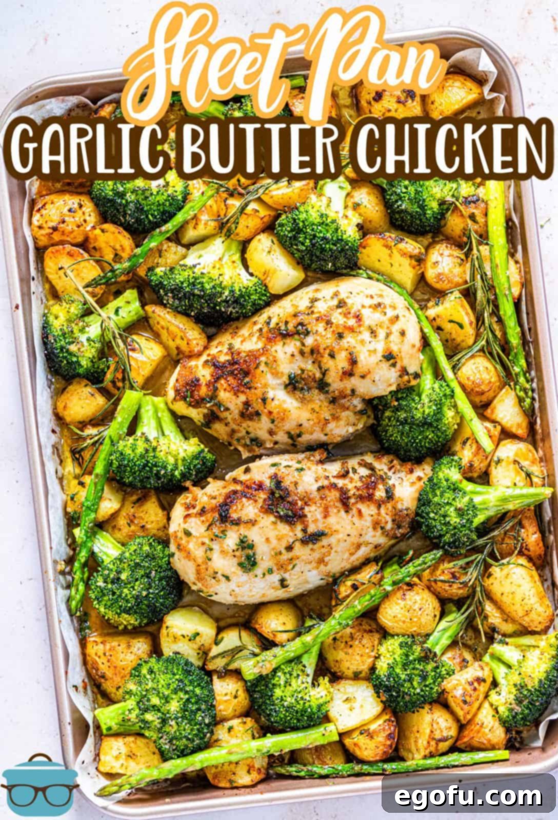 Garlic Butter Sheet Pan Chicken Dinner 4 Pinterest image of Sheet Pan Garlic Butter Chicken uncut surounded by vegetables.