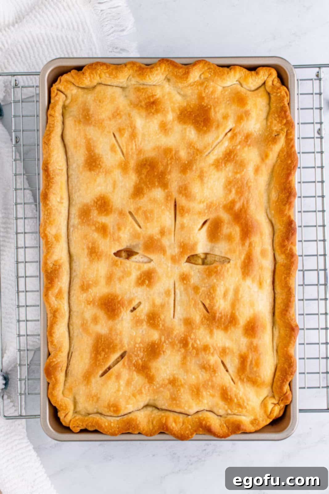 The golden-brown Apple Slab Pie, freshly baked and cooling on a wire rack.