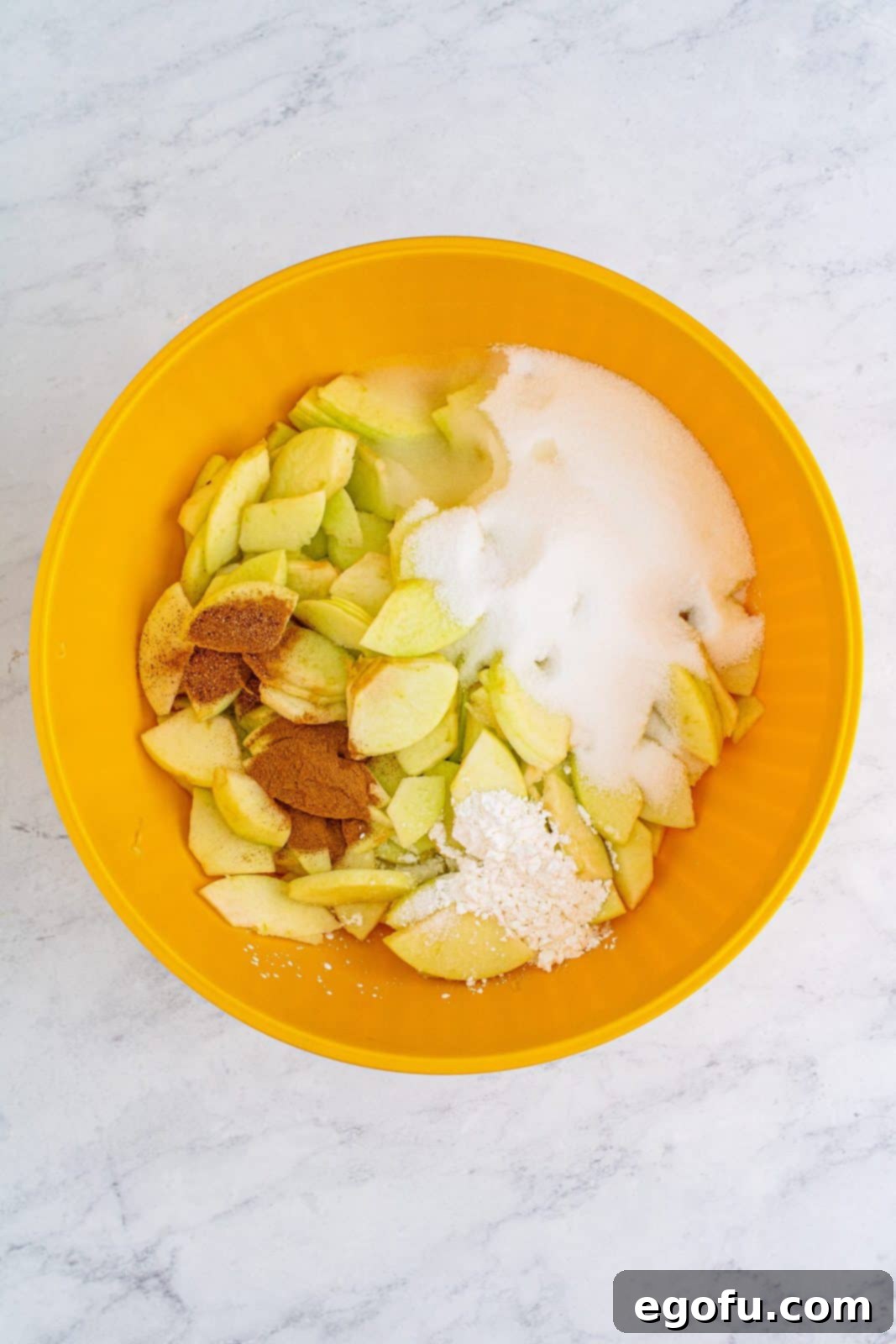 Sliced apples, sugar, cornstarch, lemon juice, cinnamon, nutmeg, and salt all together in a large mixing bowl.
