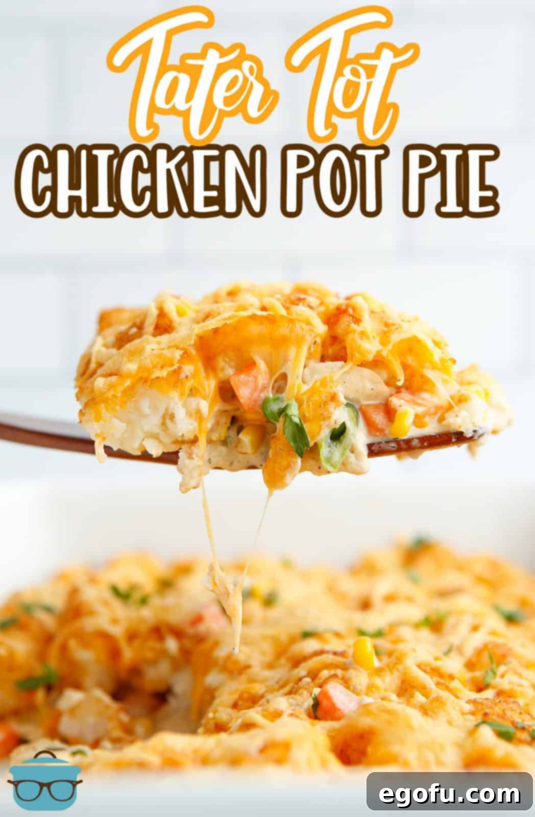 Pinterest image of Tater Tot Chicken Pot Pie on wooden server.