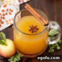 Square image of Warm Apple Cider Cocktail in clear glass with star anise and cinnamon stick next to an apple, ready to serve.