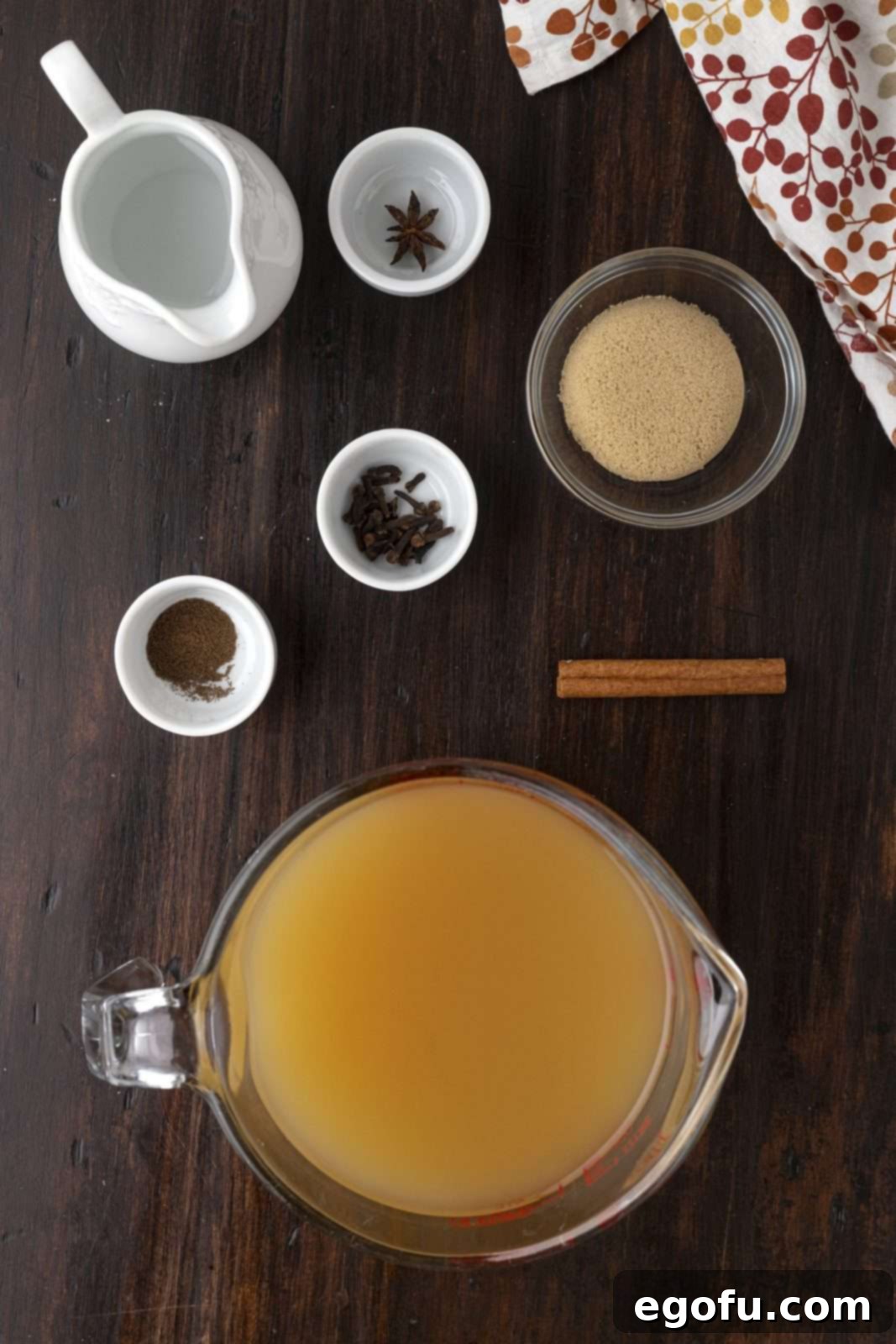 A flat lay image showing all ingredients needed for the Warm Apple Cider Cocktail: apple cider, brown sugar, cinnamon stick, star anise, whole cloves, allspice, and a bottle of vodka.