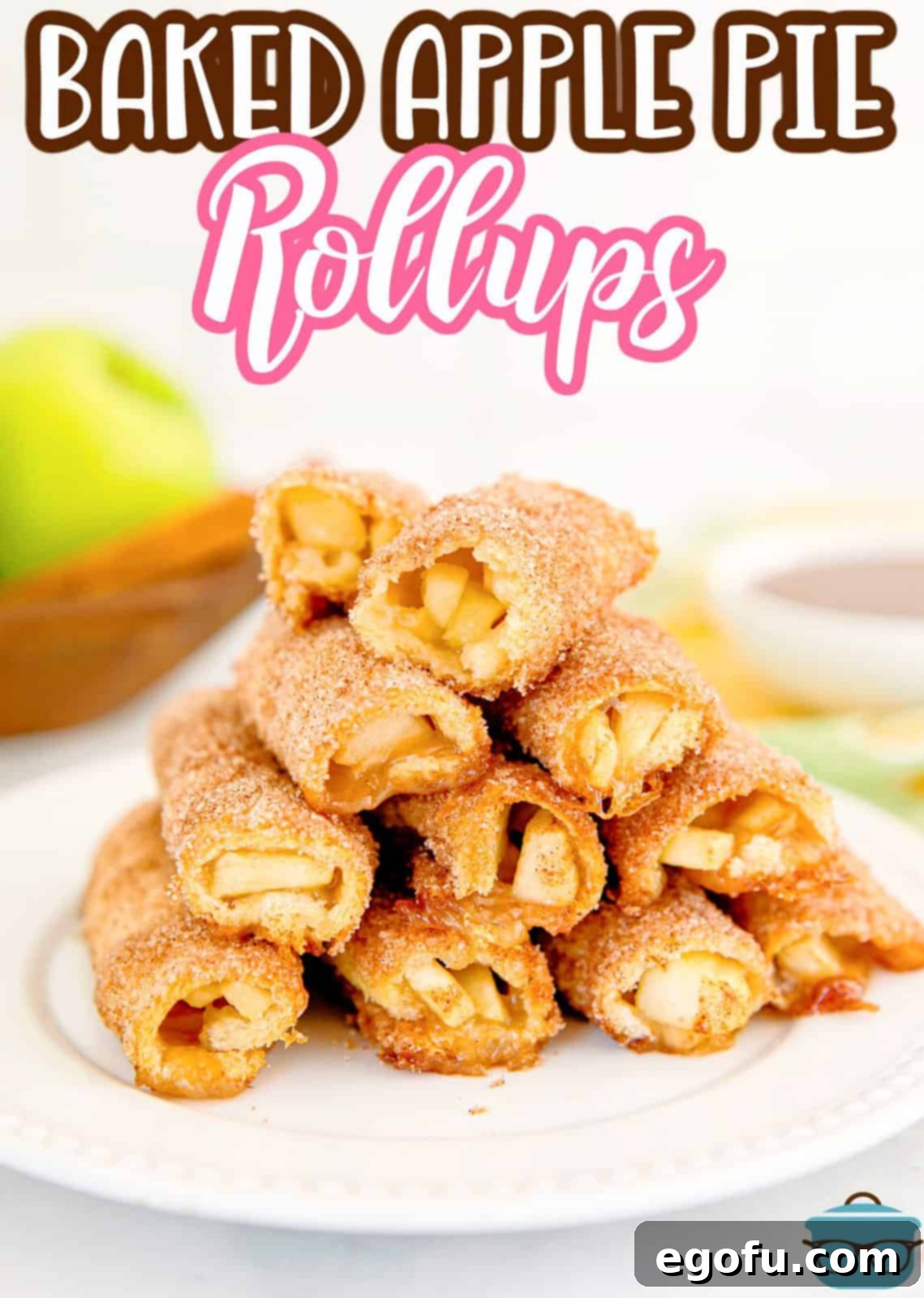 A beautifully composed Pinterest image displaying stacked Baked Apple Pie Rollups on a pristine white plate, inviting viewers to discover this recipe.