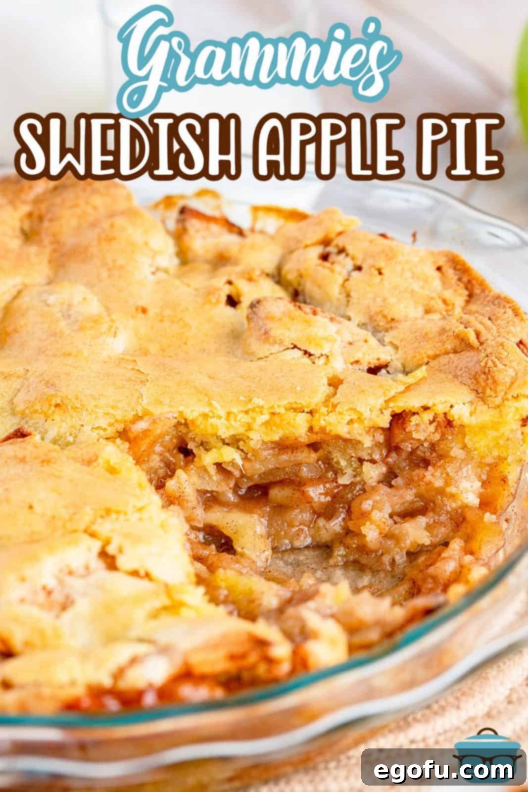 Grammies Homestyle Swedish Apple Pie 3 Pinterest image of Swedish Apple Pie with slice removed.