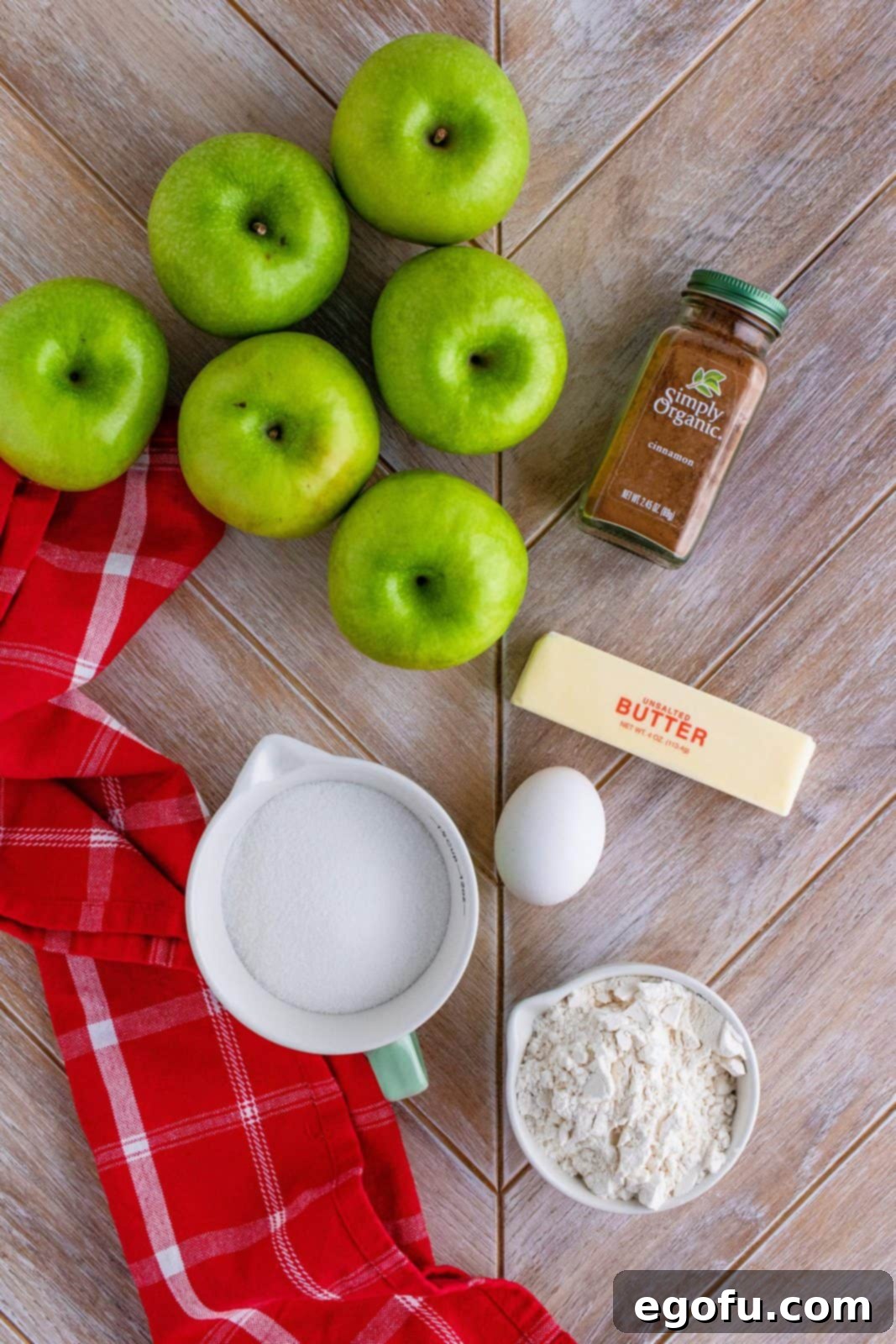 Grammies Homestyle Swedish Apple Pie 4 Ingredients needed: apples, granulated sugar, cinnamon, butter, all-purpose flour and egg.