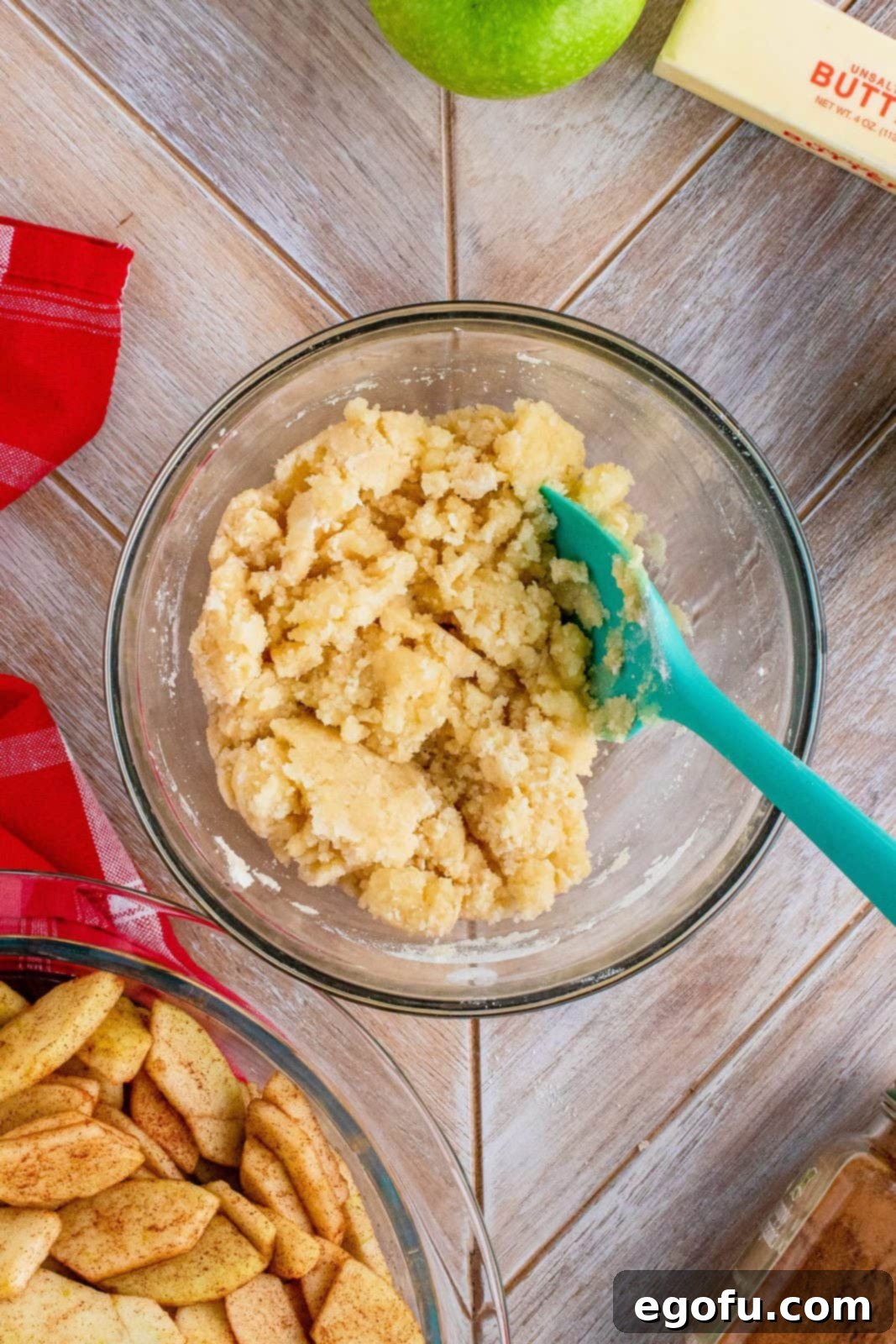 Grammies Homestyle Swedish Apple Pie 10 Flour, sugar and butter mixture mixed together in bowl.