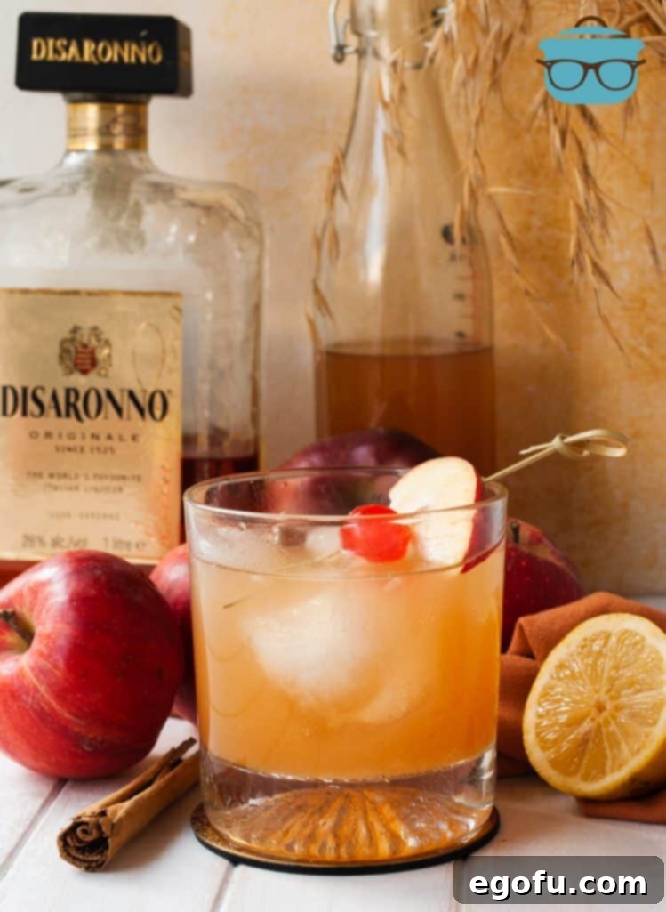 Finished Apple Cider Amaretto Sour with apple slice and cherry, garnished beautifully.