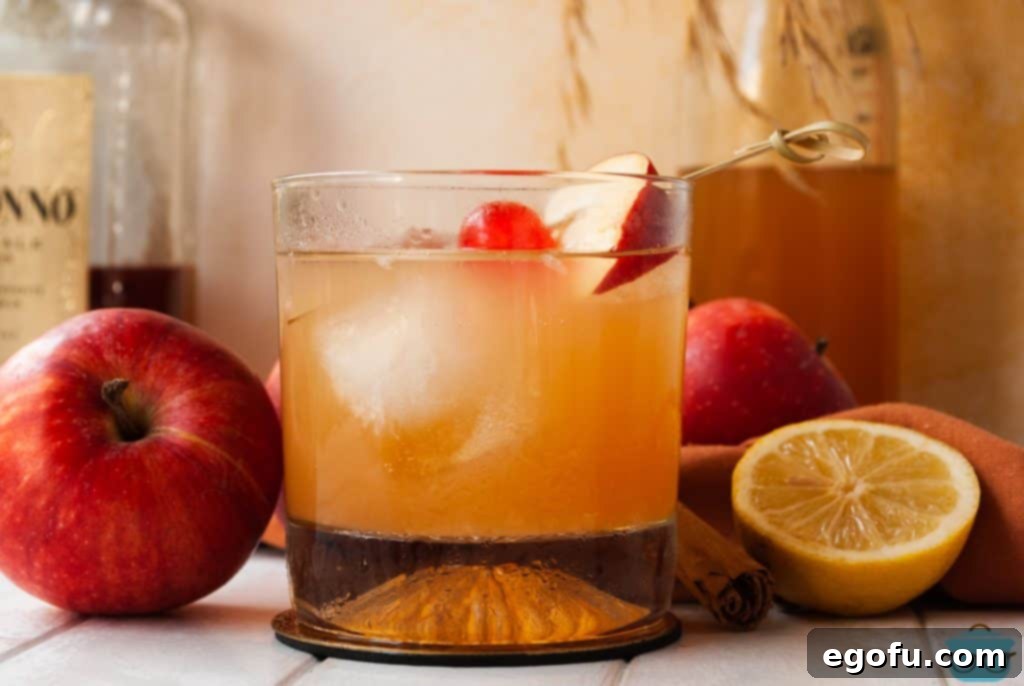Close up of a glass of Apple Cider Amaretto Sour, garnished with apple slice and cherry, placed next to fresh apples and lemons.